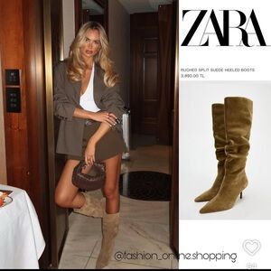 Zara Slouch Women's Olive Suede Heeled Boots